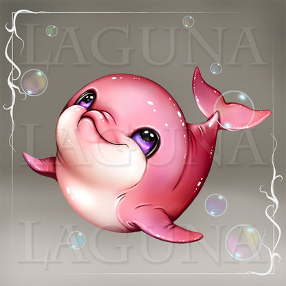 Cartoon pink dolphin with purple eyes.