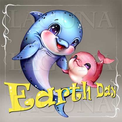 Cartoon dolphins with 'Earth Day' text on a gray background
