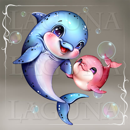 Two cartoon dolphins, one blue and one pink, surrounded by bubbles on a gray background with 'Laguna' branding.