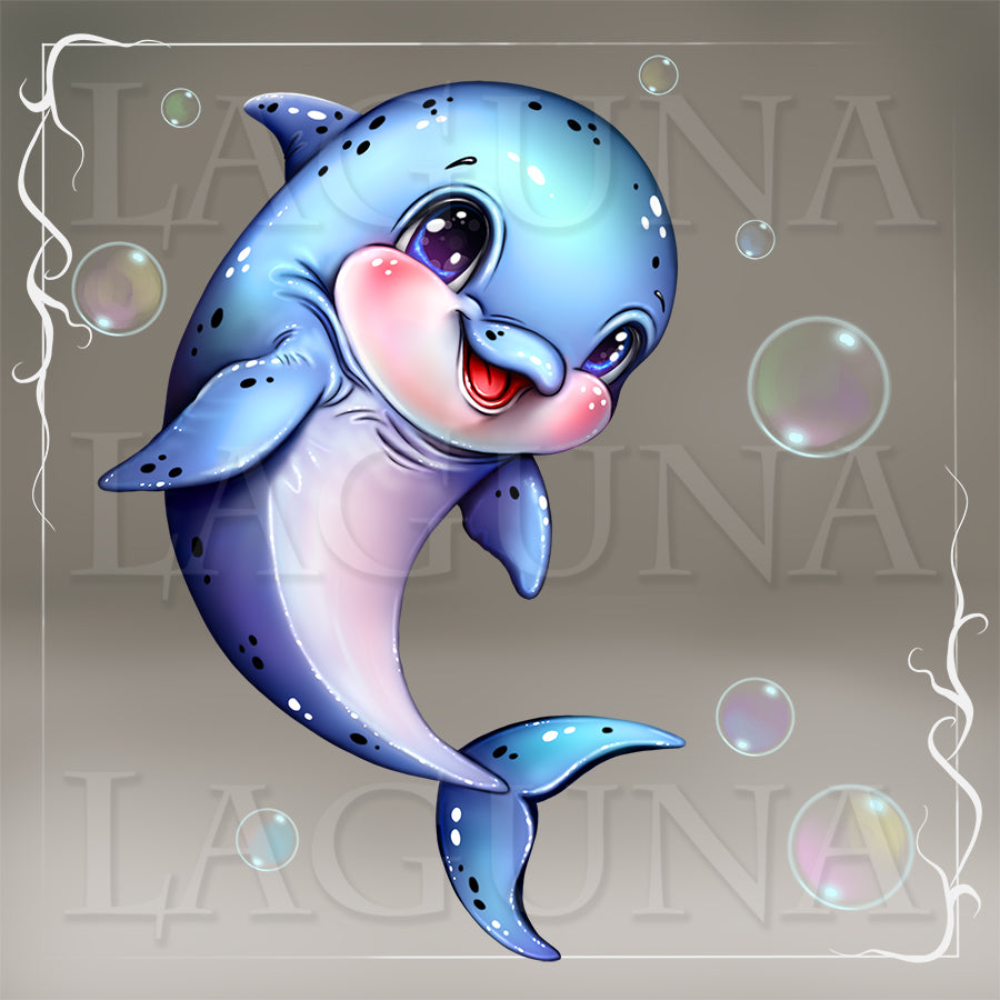 Cartoon dolphin with bubbles on a gray background with 'Laguna' branding.