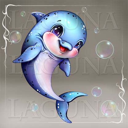 Cartoon dolphin with bubbles on a gray background with 'Laguna' branding.