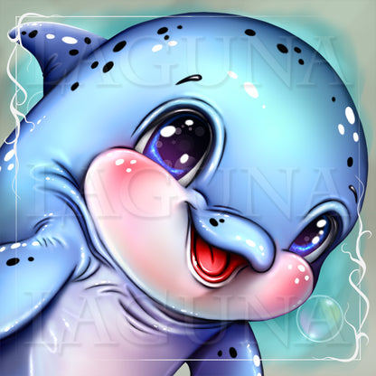 Close up of a cartoon dolphin with a happy expression on a light blue background