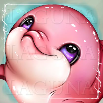 Close up of a pink dolphin with large eyes on a light blue background
