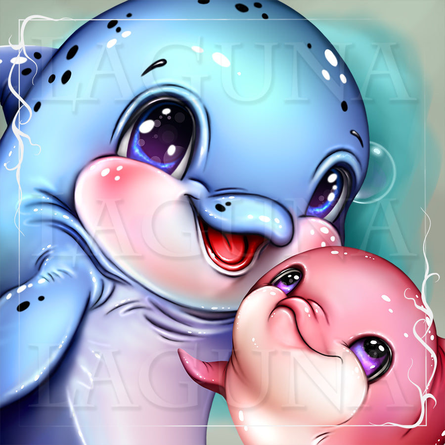 Close up of two cartoon dolphins, one blue and one pink, with a light blue background.