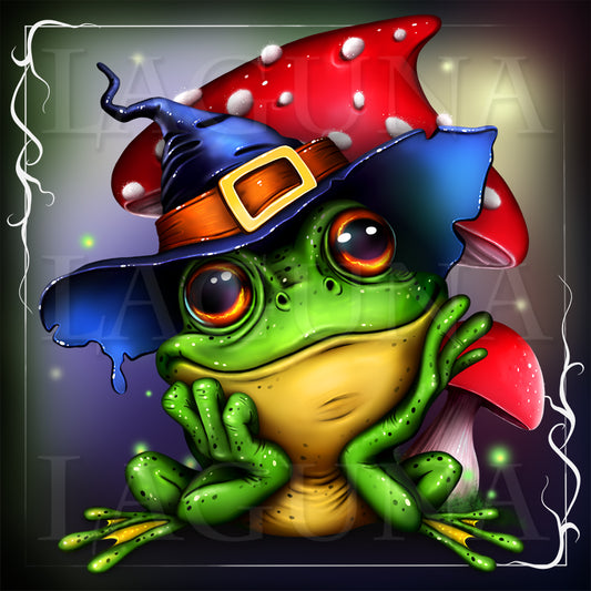 Cartoon frog wearing a colorful witch hat with a red mushroom on a dark background