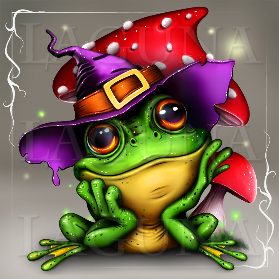 Kawaii frog wearing a witch hat with amanita mushrooms.