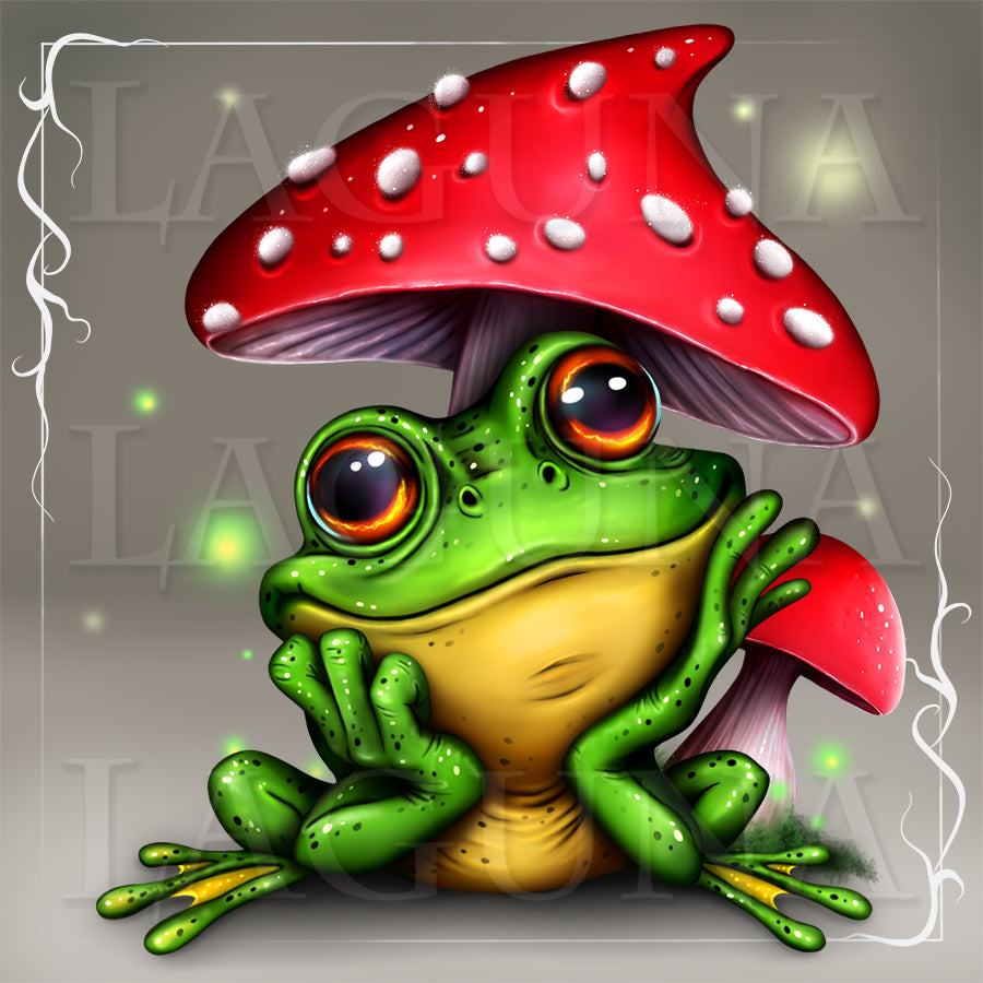 Cartoon frog with red mushrooms.