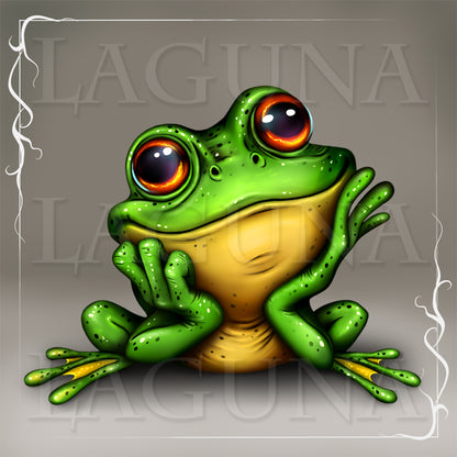 Cartoon kawaii frog with large eyes.