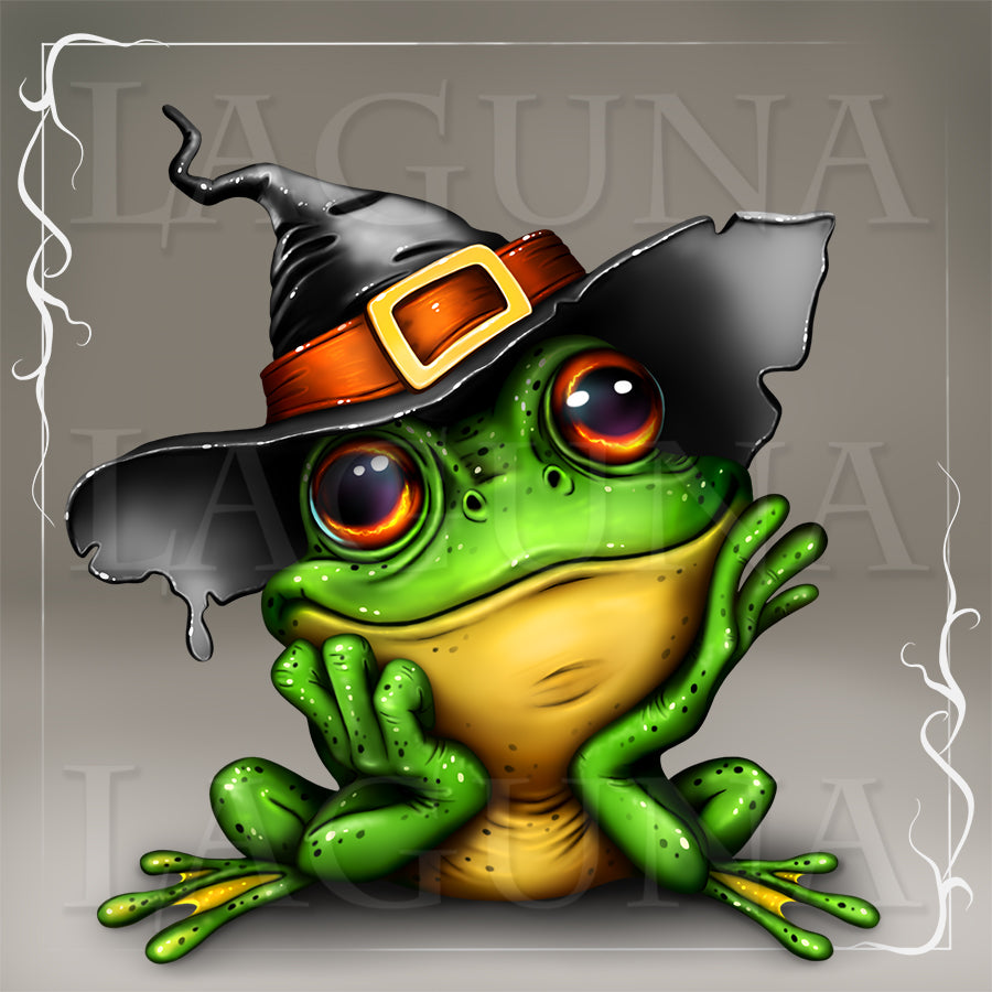 Frog wearing a witch hat with a brown buckle on a gray background