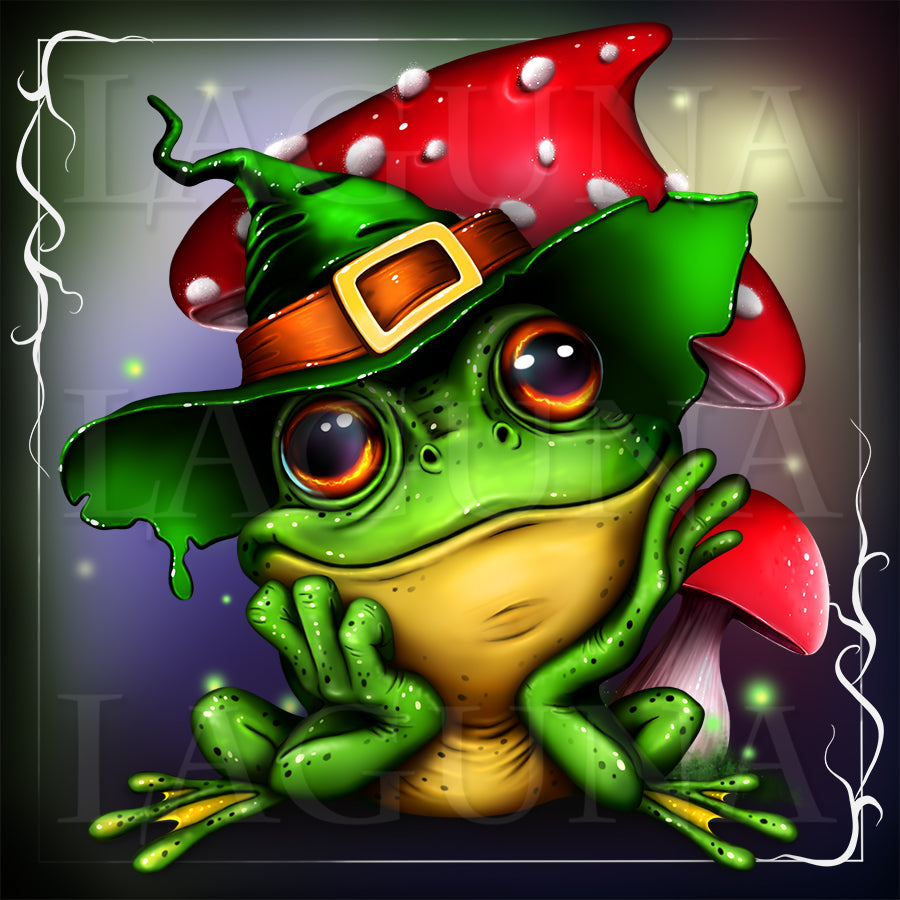 Cartoon frog wearing a witch hat with red mushrooms in the background