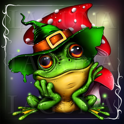 Cartoon frog wearing a witch hat with red mushrooms in the background