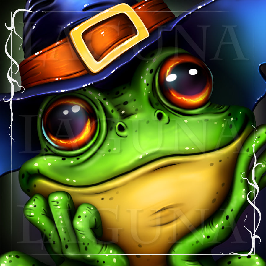 Illustration of a frog wearing a witch hat with a buckle on a dark background.