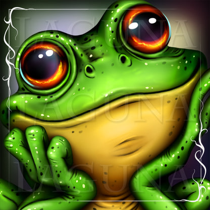 Close up of a kawaii frog with large eyes on a dark background