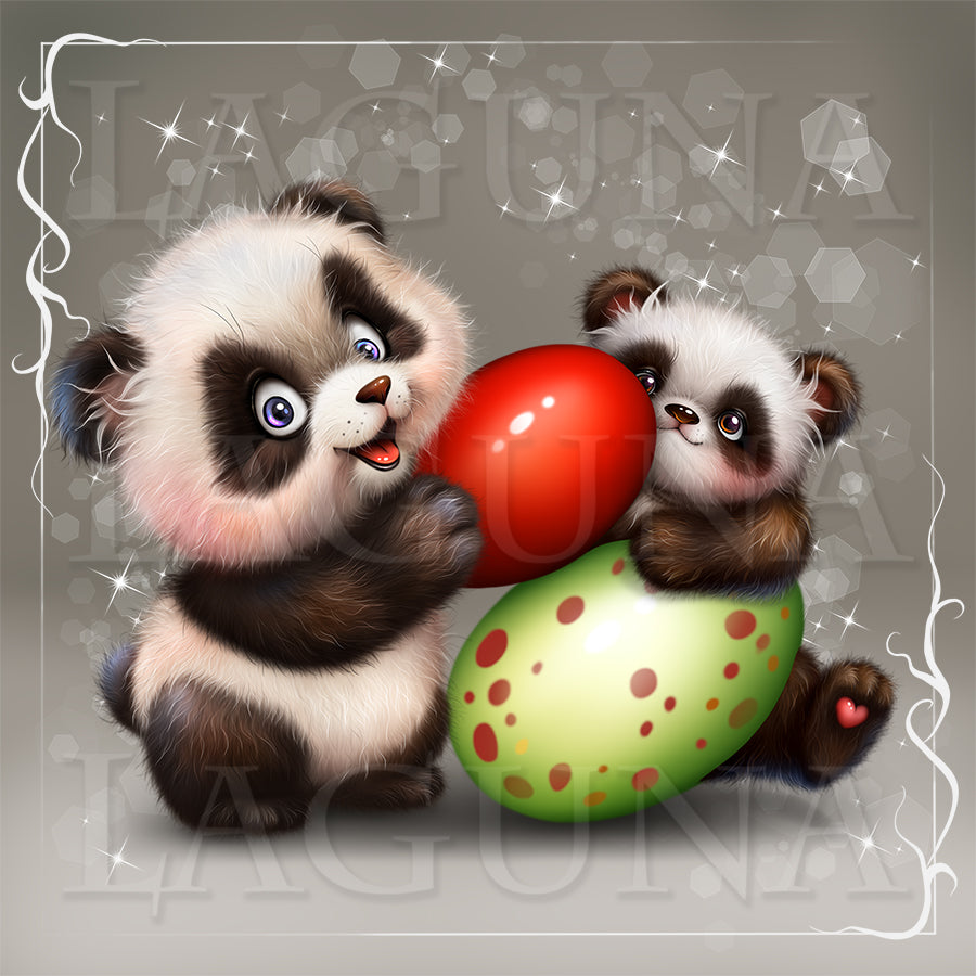 Two cartoon pandas holding Easter eggs with polka dots on a gray background.
#digitalillustration #digitalart #digitaldrawing #panda #pandaart #pandadrawing #cuteanimals #cartoonart #cartoon #drawingcartoon #easter #speedpainting #speedart #kawaii #cutepanda #babypanda #kawaiipanda #lagunaartshop