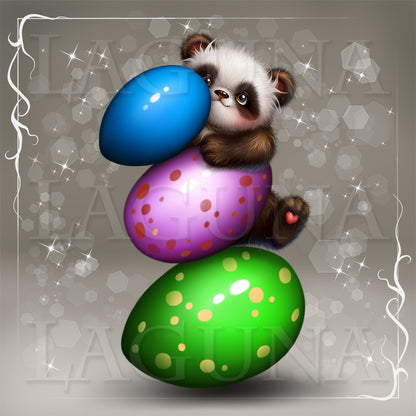 Cartoon panda with Easter eggs on a decorative background