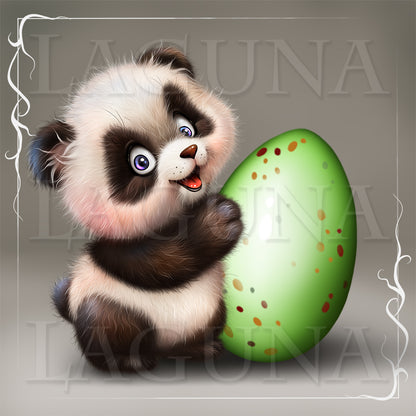 Cartoon panda holding a green Easter egg.