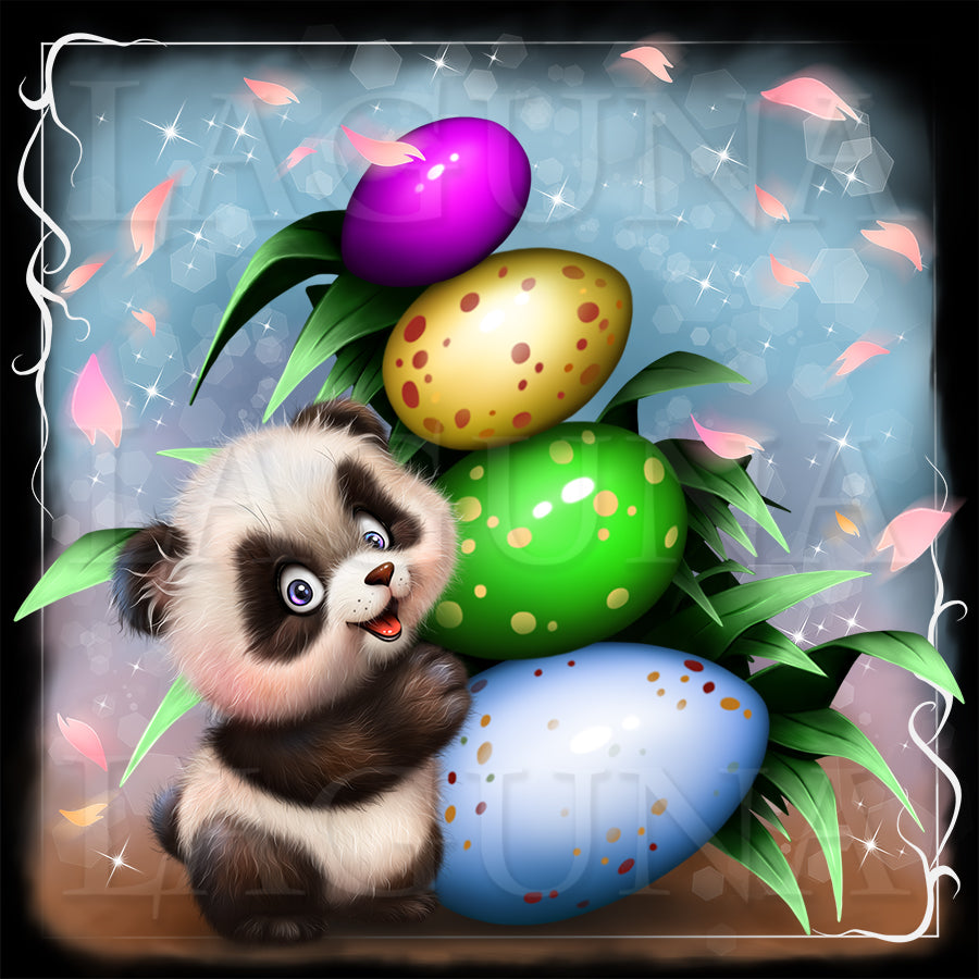 Cartoon raccoon with colorful Easter eggs and leaves on a decorative background