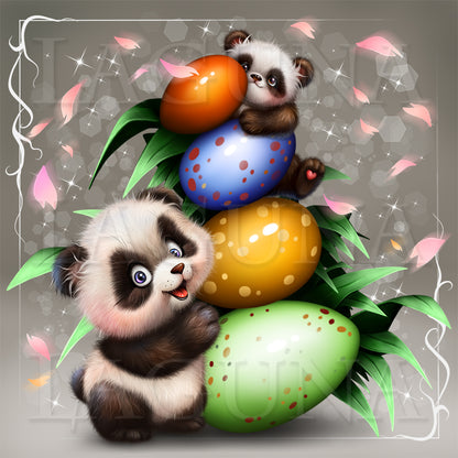 Two cartoon pandas with colorful eggs on a decorative background