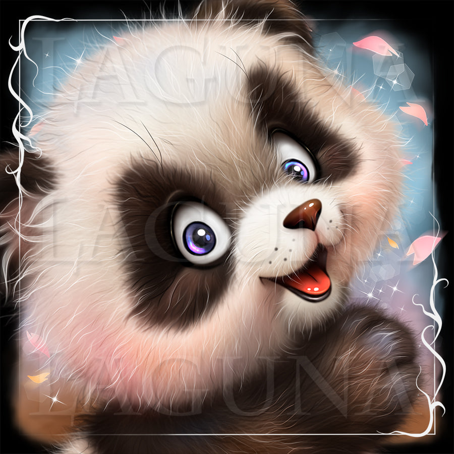 Cartoon panda with large eyes and a happy expression on a decorative background