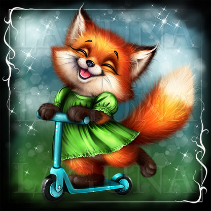 Cute cartoon fox in green dress riding a bike.