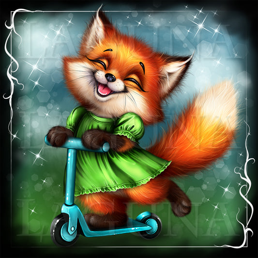 Cute cartoon fox in green dress riding a bike.