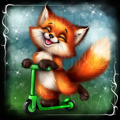 Cute cartoon fox riding a bike.