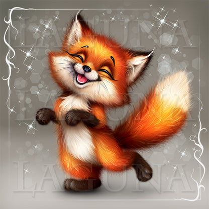 Cute cartoon fox with happy expression.