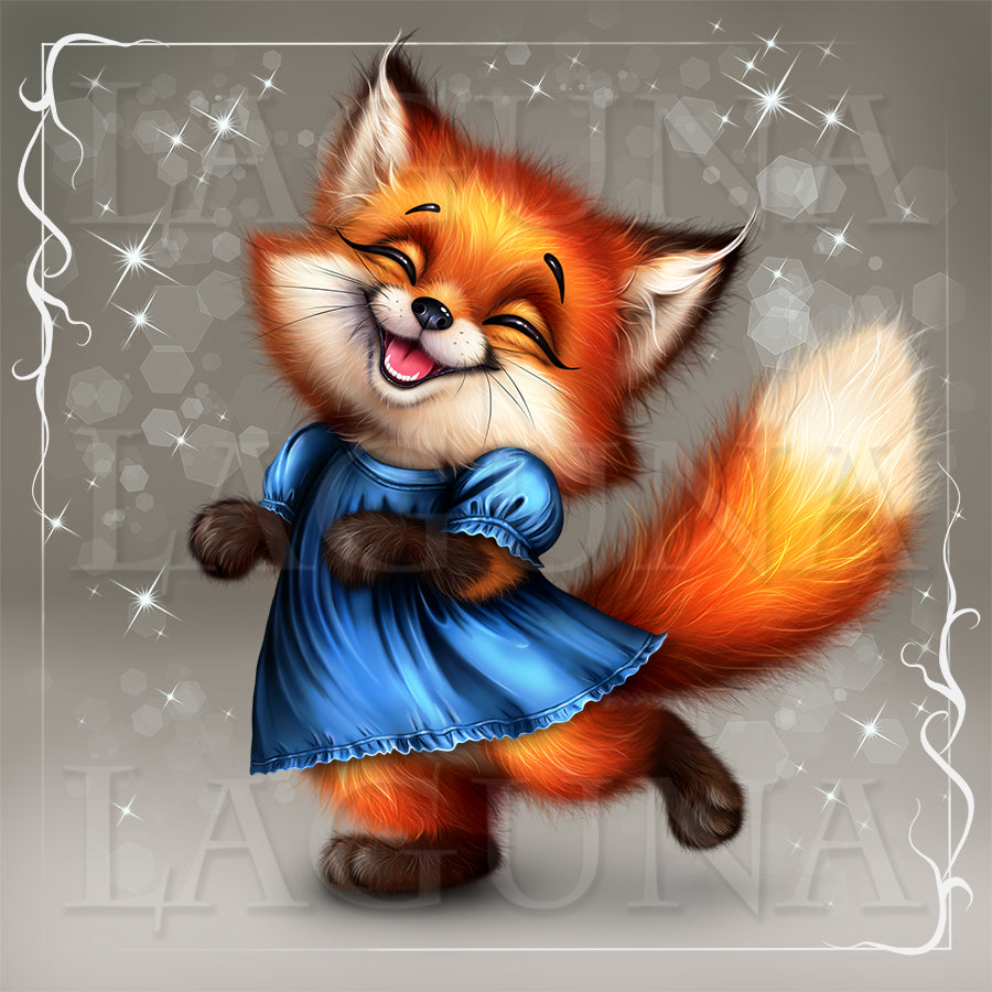 Cute cartoon fox in blue dress.
