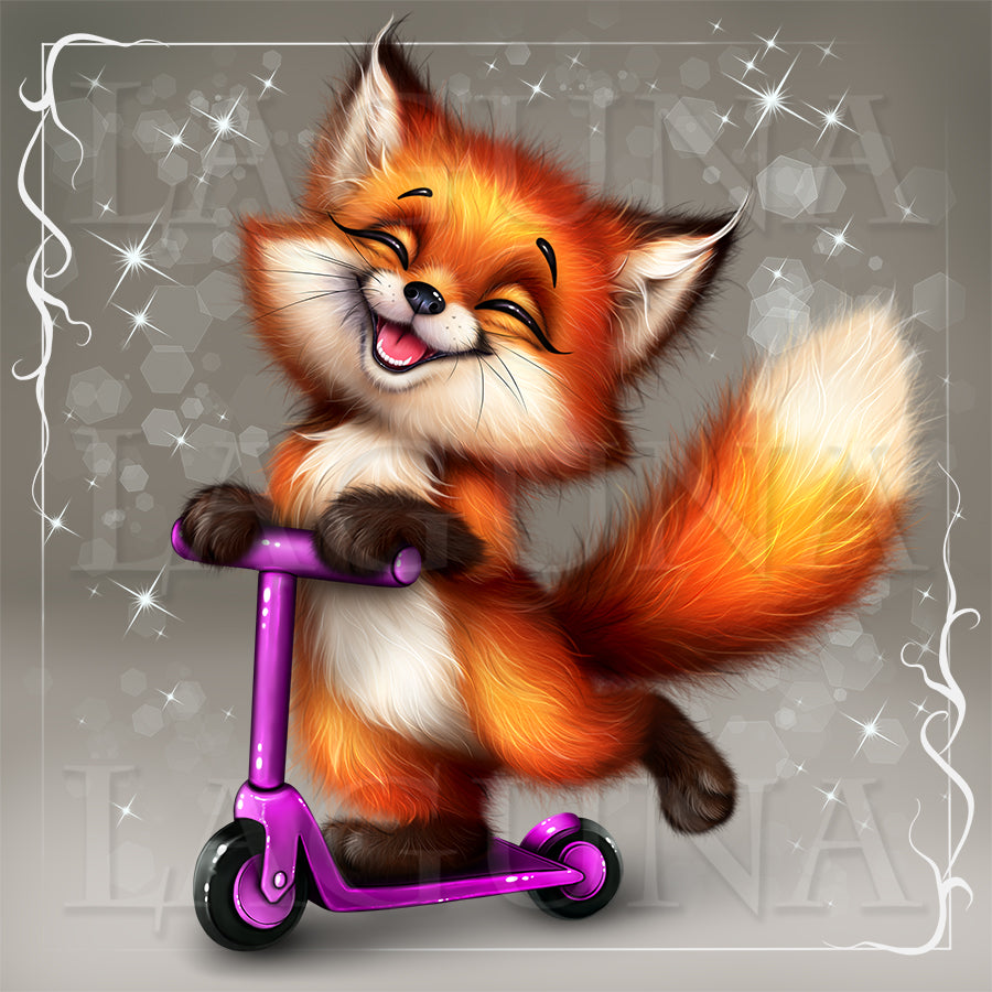 Cute cartoon fox riding a violet bike.