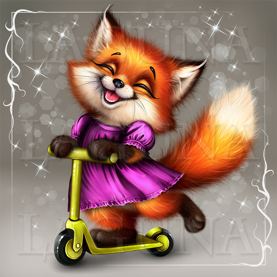 Cute cartoon fox in violet dress riding a bike.