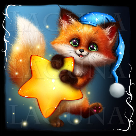Illustration of a fox holding a star with a blue hat on a dark background 