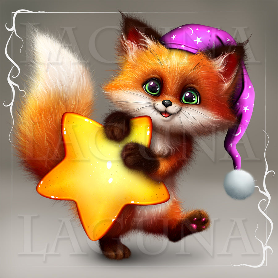Cartoon fox character with a star and purple hat on a gray background