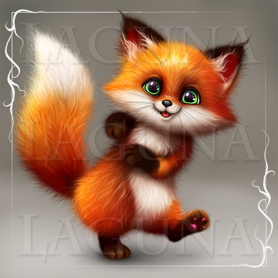 Illustration of a cute kawaii fox with graan eyes