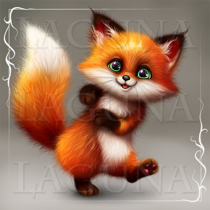Illustration of a cute kawaii fox with graan eyes