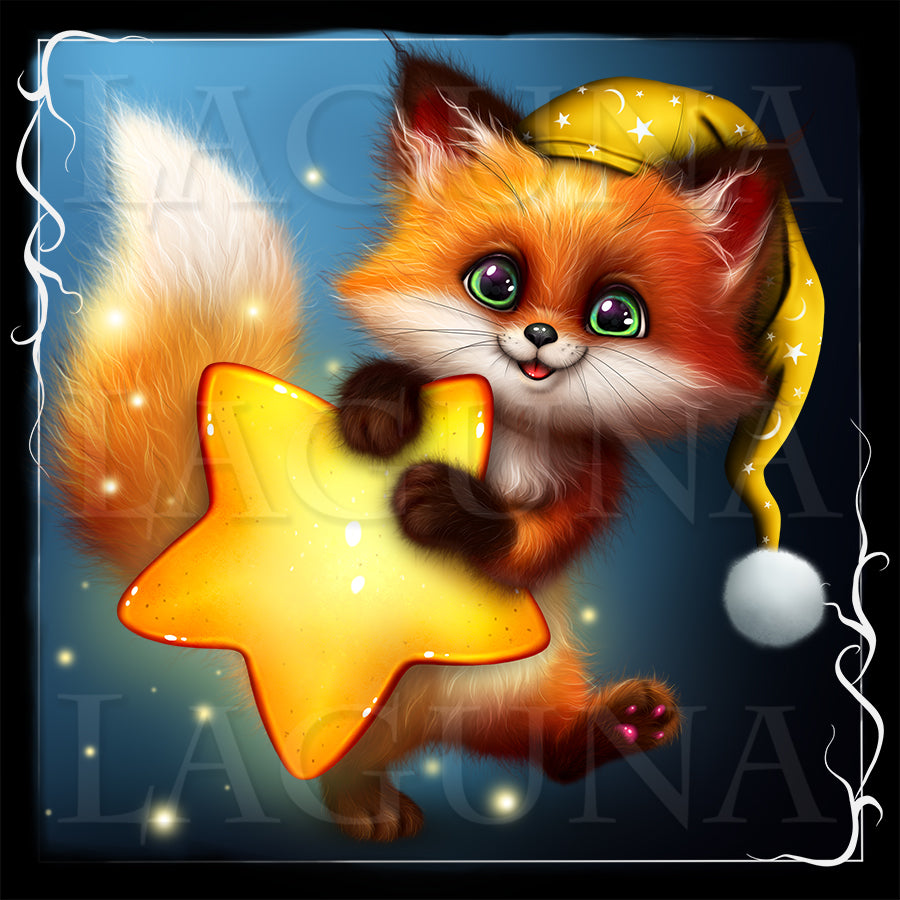 Cartoon fox holding a star. PSD file, character separate from background, color options of the hat and PNG included