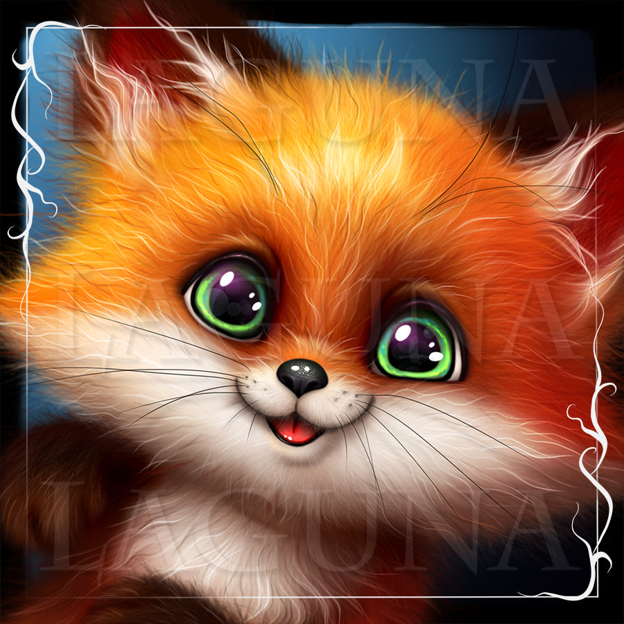 Close-up of a kawaii fox with large green eyes.