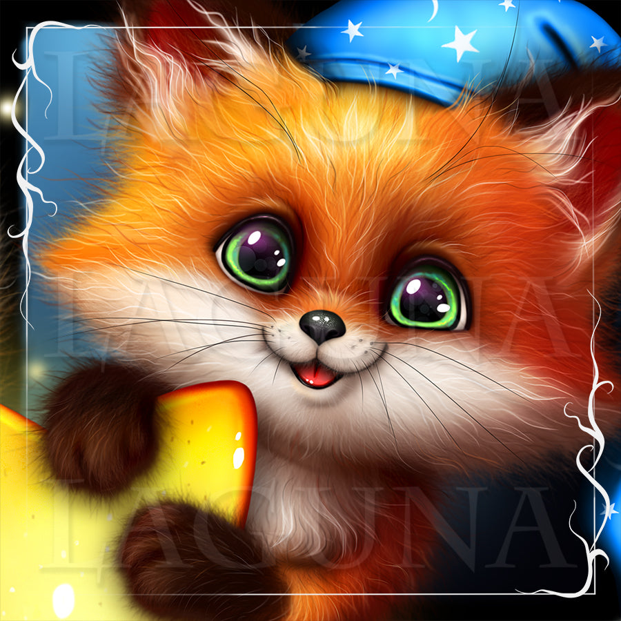 Illustration of a cute fox character with a blue cap and star.