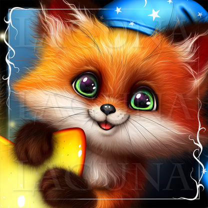 Illustration of a cute fox character with a blue cap and star.