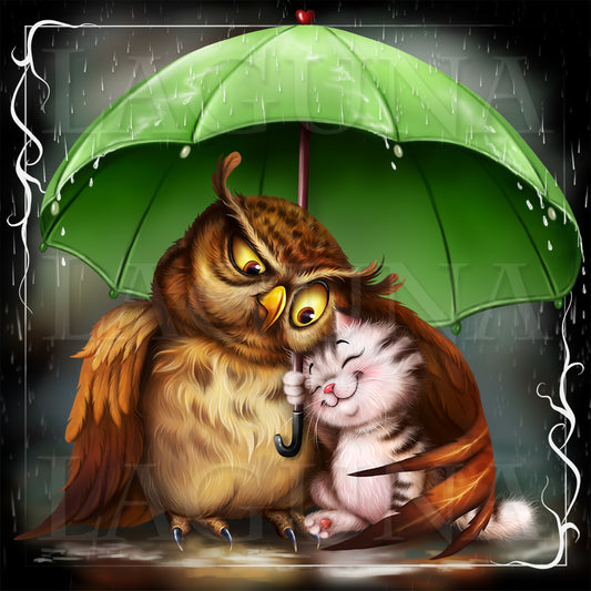 Friends in the Rain (Owl and Kitten)