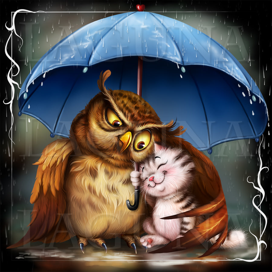 Friends in the Rain (Owl and Kitten)