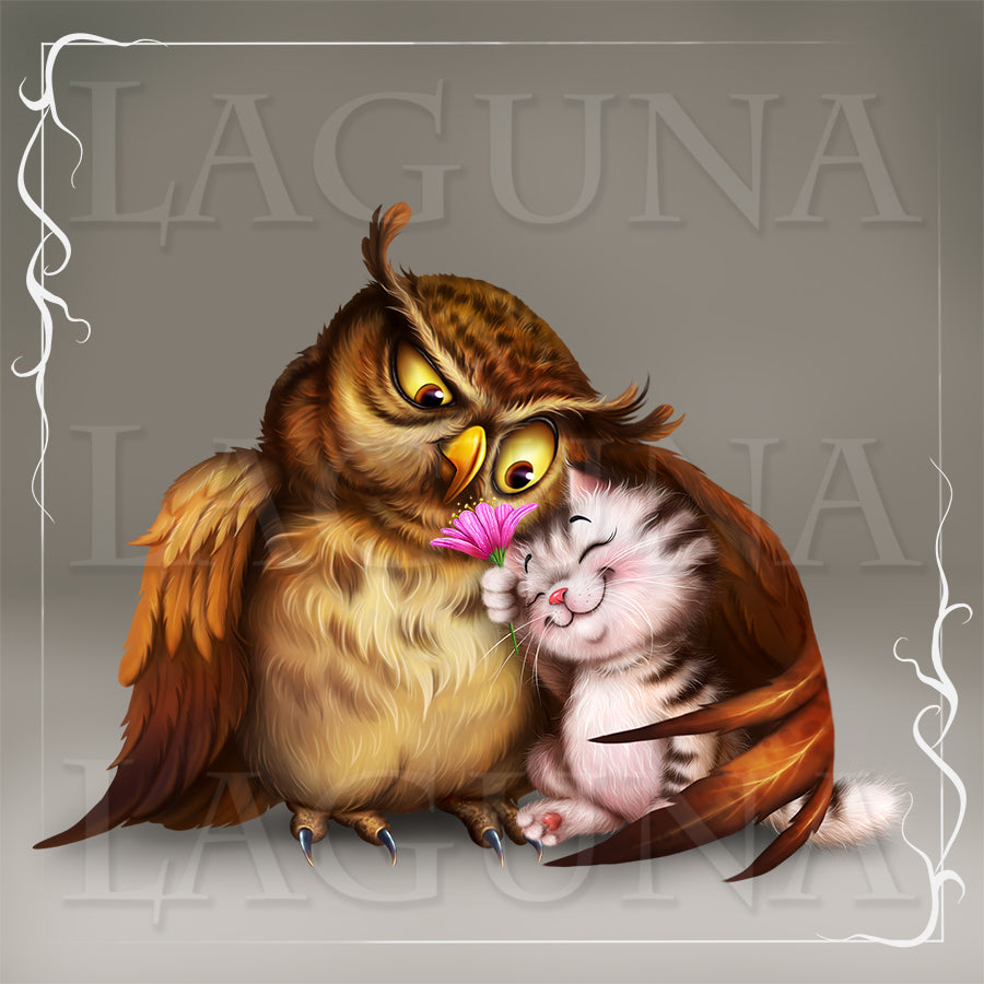 Friends in the Rain (Owl and Kitten)