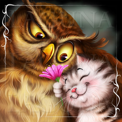 Friends in the Rain (Owl and Kitten)