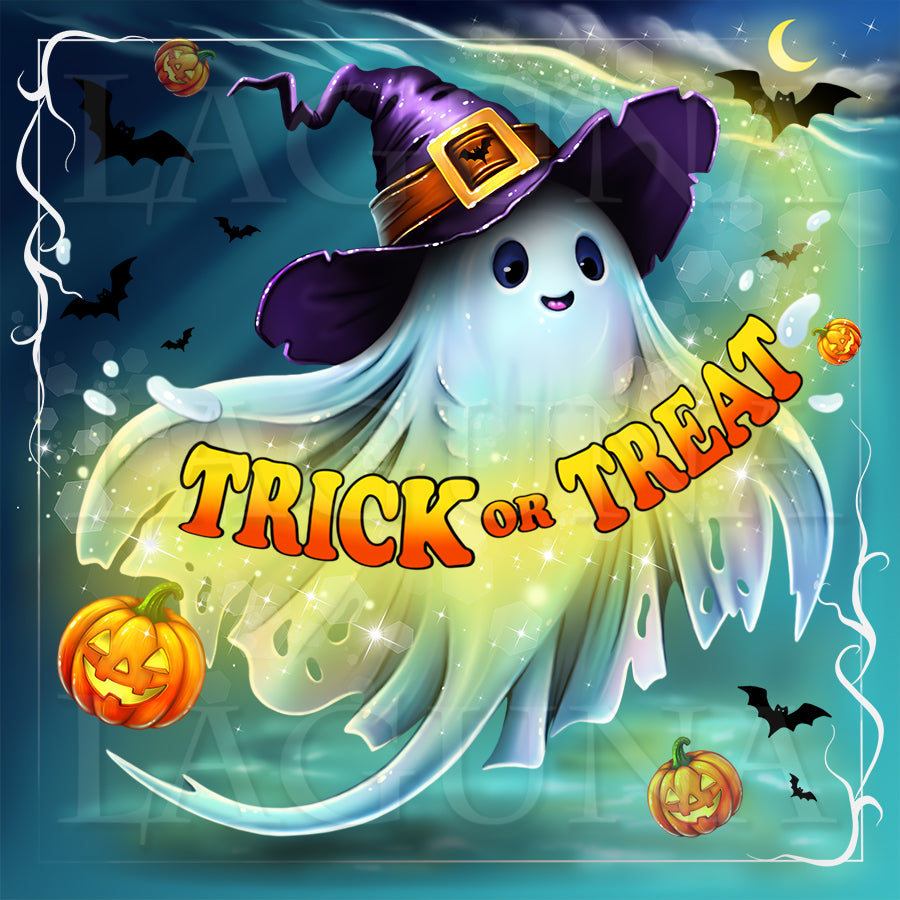 Halloween-themed graphic featuring a cute white ghost ray wearing a purple witch hat, surrounded by jack-o'-lanterns, bats, a crescent moon, and the text 'TRICK OR TREAT' in large orange letters.