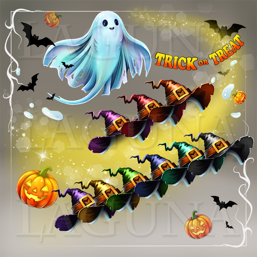 Halloween-themed digital graphic clipart featuring a large light blue ghost ray, a row of colorful witch hats, jack-o'-lantern pumpkins, black bats, and the words “TRICK OR TREAT” on a gray background with decorative white border elements.