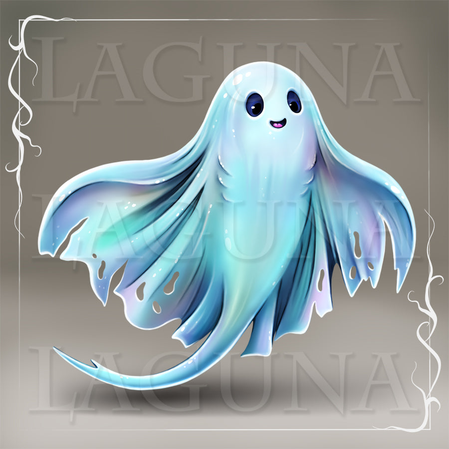 A cute cartoon ghost ray  character with a smiling face, large dark eyes, and flowing translucent blue and lavender wings, centered on a gray background.