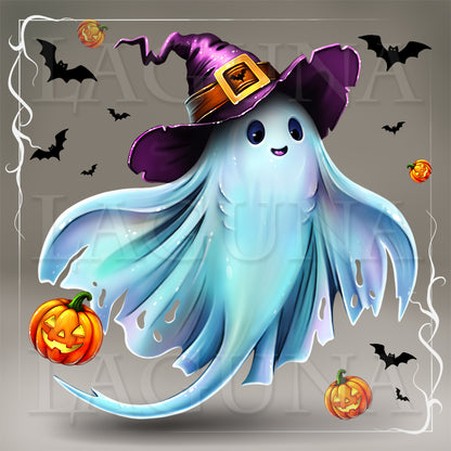 A cute cartoon Halloween ghost ray with a purple witch hat, surrounded by jack-o'-lanterns, bats, and a decorative border on a gray background.