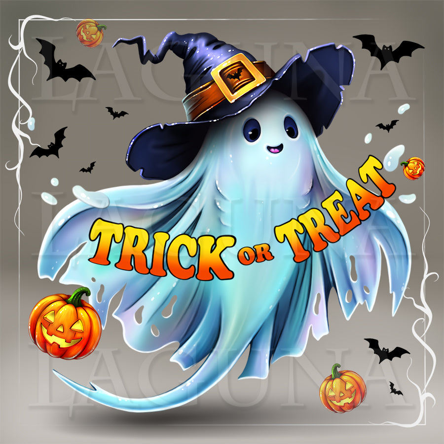Halloween graphic featuring a cute blue and white cartoon ghost ray wearing a purple witch hat, surrounded by jack-o'-lantern pumpkins, bats, and the text 'TRICK OR TREAT' on a gray background.