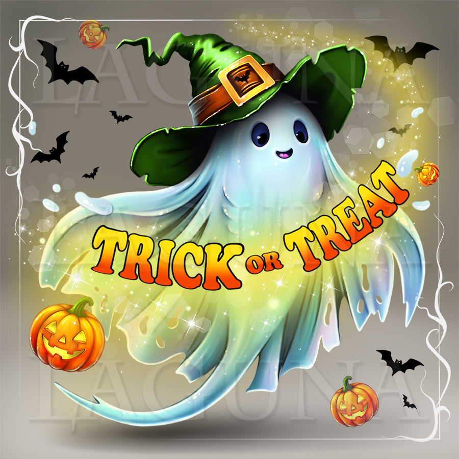 A festive Halloween illustration featuring a cute ghost ray character wearing a green witch hat, surrounded by jack-o'-lanterns, bats, and glowing sparkles, with the text 'TRICK OR TREAT' across the center.