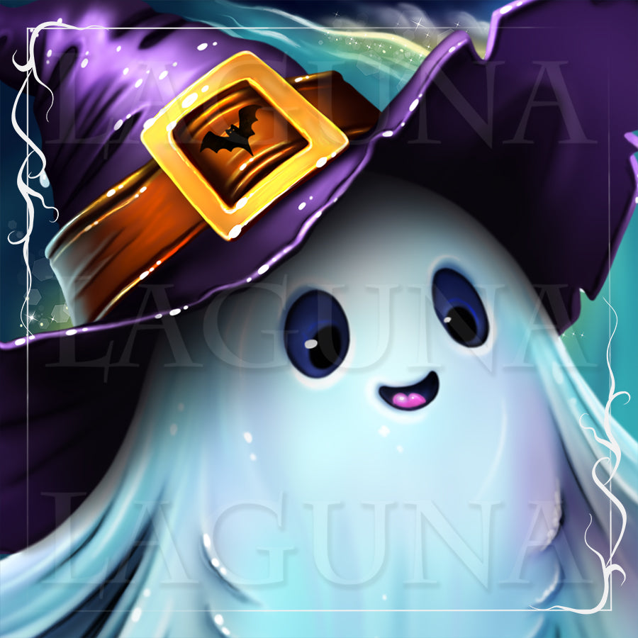 A cute cartoon ghost ray character wearing a purple witch hat with a gold buckle, shown against a teal background with a decorative white frame.