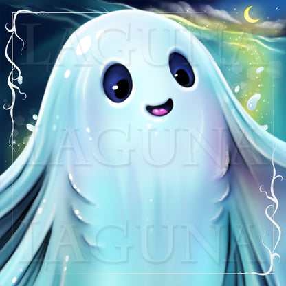 A close-up of a cute cartoon ghost ray character with large dark eyes and a small pink smile, shown against a dark blue fantasy background with a crescent moon and glowing effects. 
